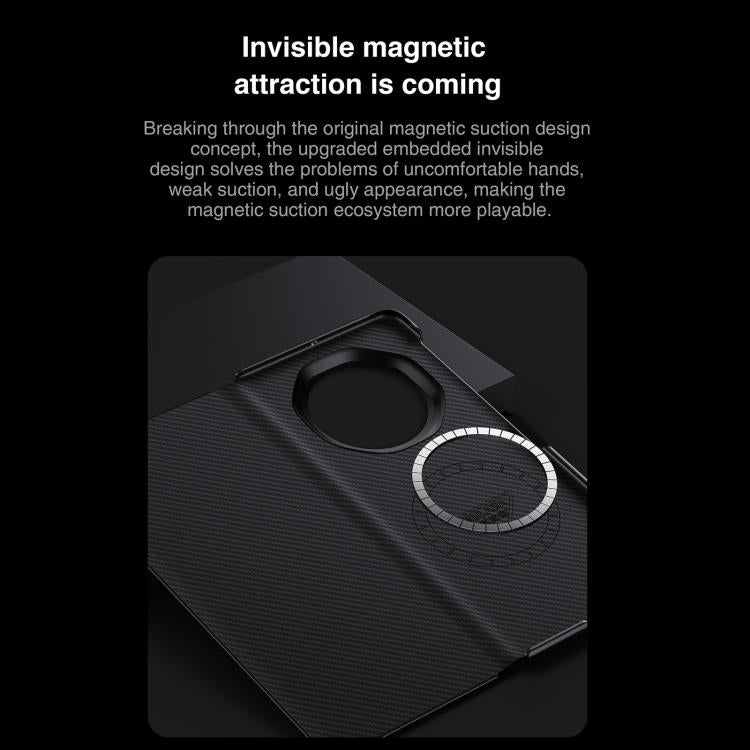 Magnetic smart window phone case with textured dark fabric and circular camera lens opening