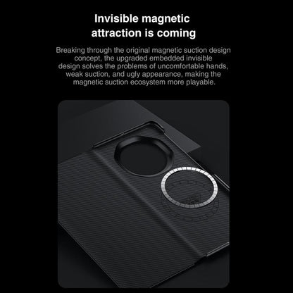 Magnetic smart window phone case with textured dark fabric and circular camera lens opening