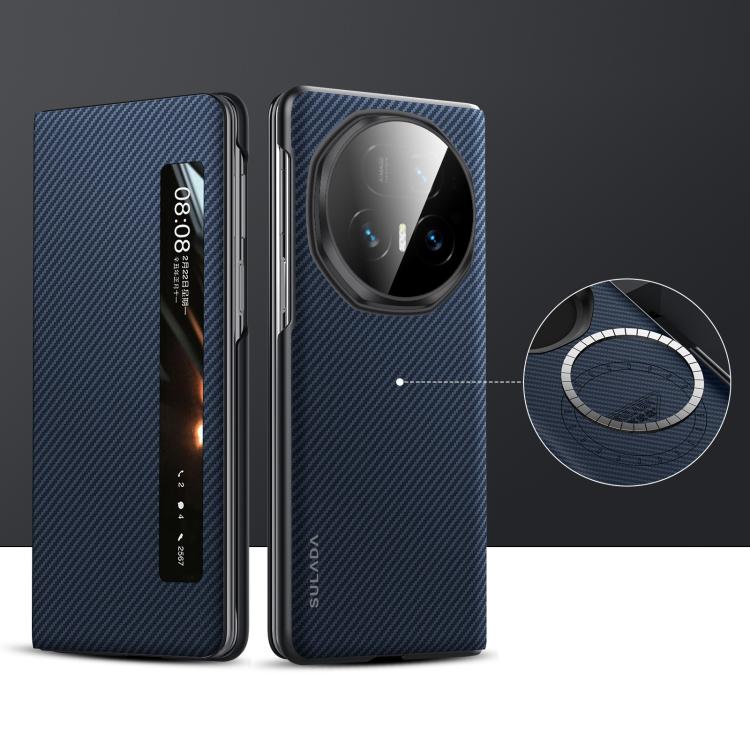 Smart window folding phone case with textured blue finish and camera cutout, protective shell