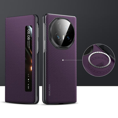 Smart window folding phone case with textured purple finish and camera cutout, protective shell