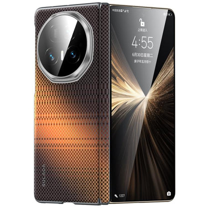 Brown-and-orange woven magnetic phone case back with oval camera lens ring