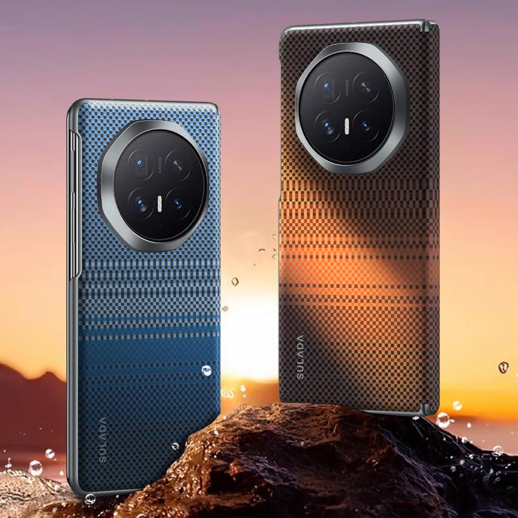 Magnetic phone case with woven texture, blue and orange variants, camera cutouts