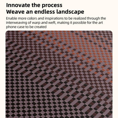 Woven texture phone case material swatch in orange, brown, and dark gray grid