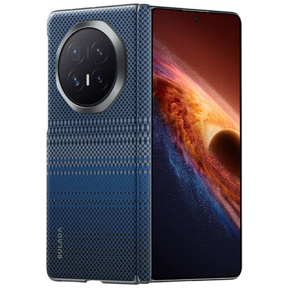 Blue woven magnetic phone case open with dual-layer hinge and camera protector