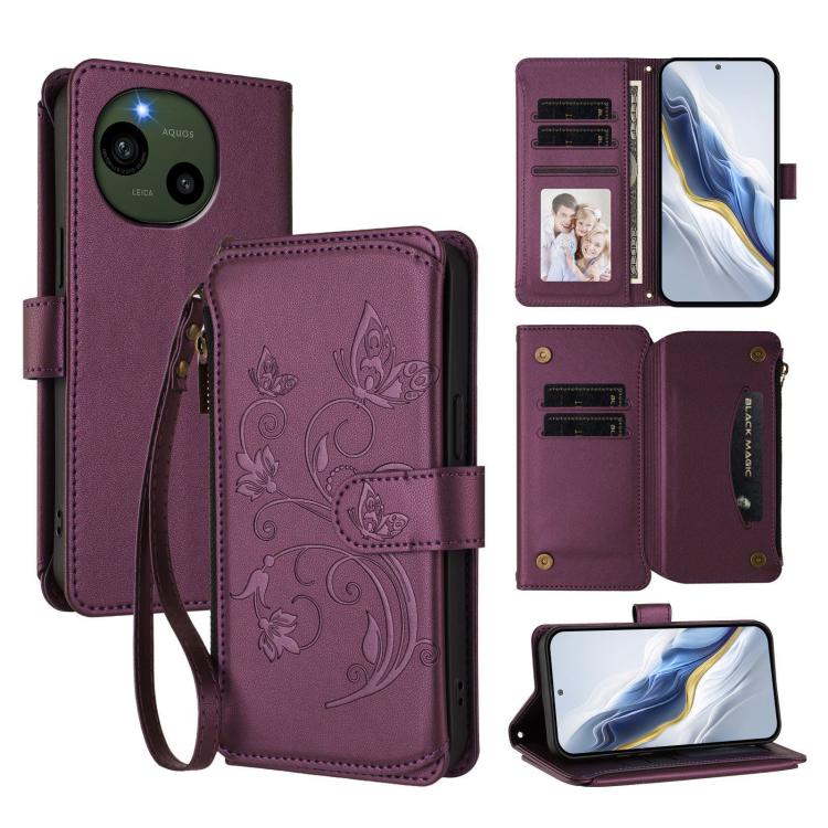 Butterfly Love Flower Multi-card Zipper Wallet Leather Phone Case, For Sharp Aquos wish6, For Sharp Aquos R11, For Sharp Aquos Sense10, For Sharp Aquos R10, For Sharp Aquos Wish5, For Sharp Basio Active3, For Sharp Aquos Sense9 Plus                    ...