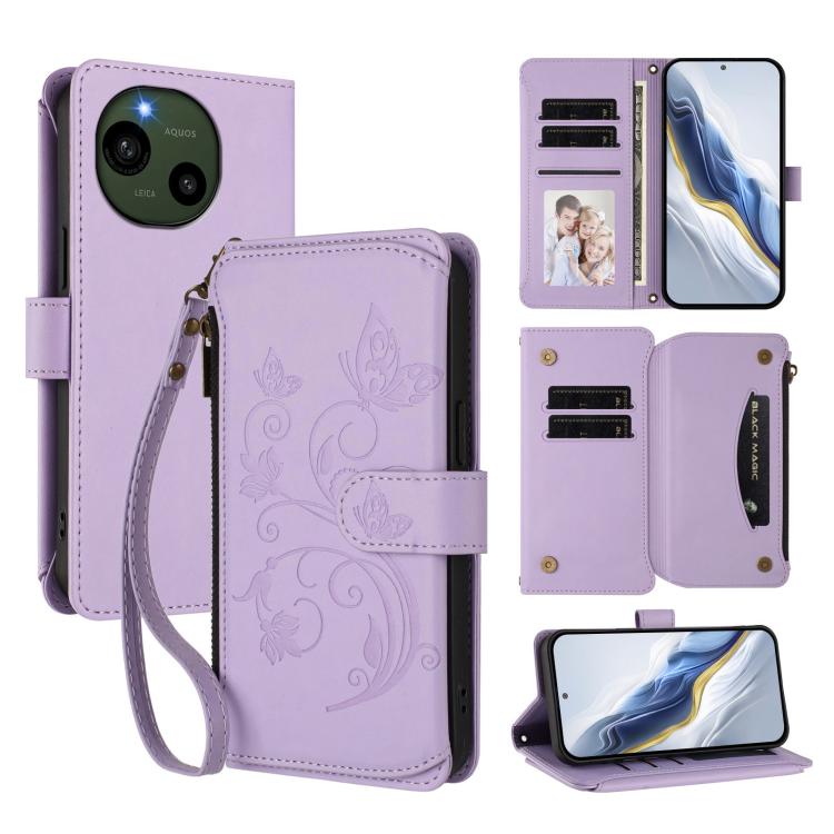 Butterfly Love Flower Multi-card Zipper Wallet Leather Phone Case, For Sharp Aquos wish6, For Sharp Aquos R11, For Sharp Aquos Sense10, For Sharp Aquos R10, For Sharp Aquos Wish5, For Sharp Basio Active3, For Sharp Aquos Sense9 Plus                    ...