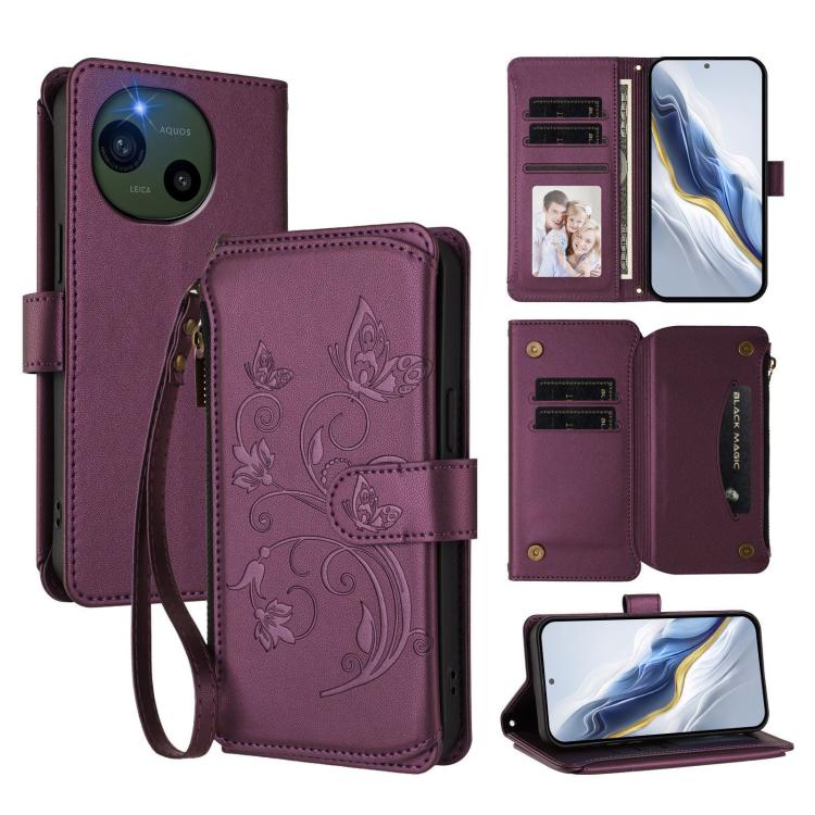 Butterfly Love Flower Multi-card Zipper Wallet Leather Phone Case, For Sharp Aquos wish6, For Sharp Aquos R11, For Sharp Aquos Sense10, For Sharp Aquos R10, For Sharp Aquos Wish5, For Sharp Basio Active3, For Sharp Aquos Sense9 Plus                    ...