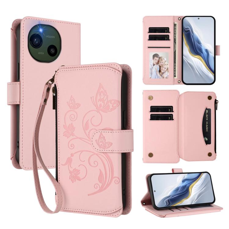 Butterfly Love Flower Multi-card Zipper Wallet Leather Phone Case, For Sharp Aquos wish6, For Sharp Aquos R11, For Sharp Aquos Sense10, For Sharp Aquos R10, For Sharp Aquos Wish5, For Sharp Basio Active3, For Sharp Aquos Sense9 Plus                    ...