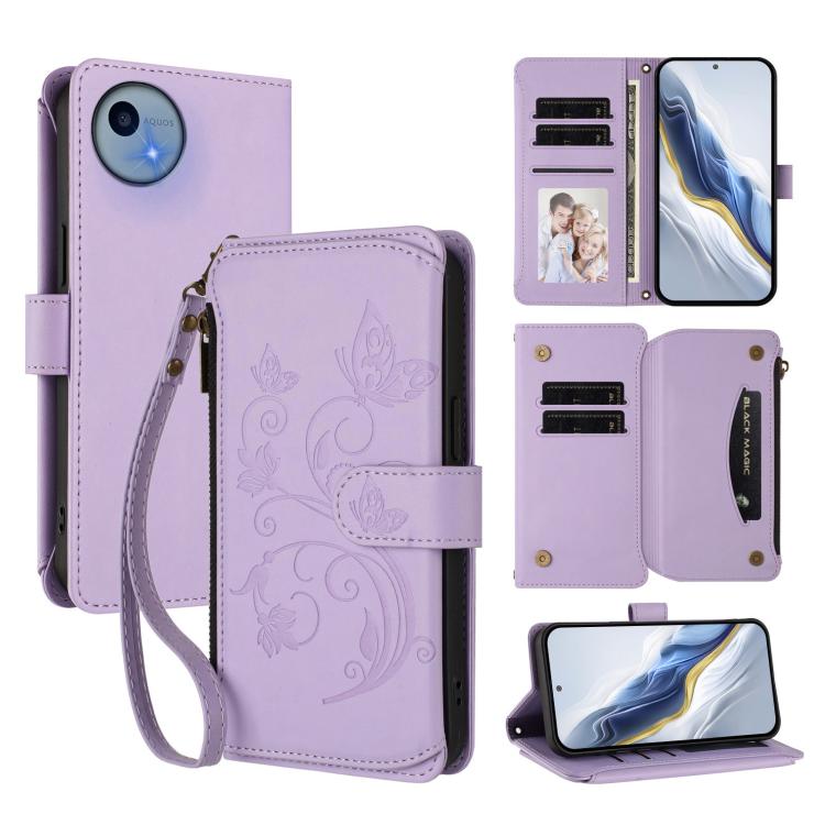 Butterfly Love Flower Multi-card Zipper Wallet Leather Phone Case, For Sharp Aquos wish6, For Sharp Aquos R11, For Sharp Aquos Sense10, For Sharp Aquos R10, For Sharp Aquos Wish5, For Sharp Basio Active3, For Sharp Aquos Sense9 Plus                    ...