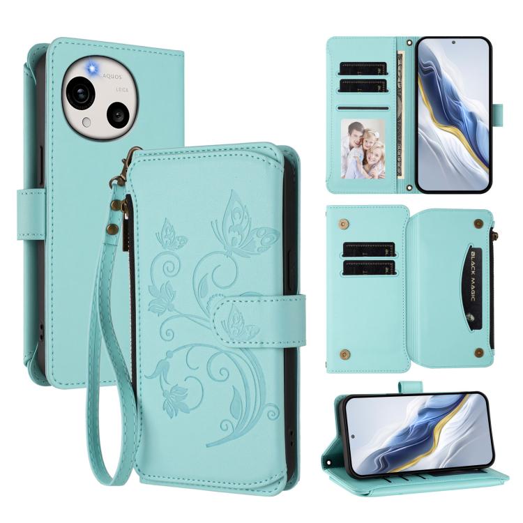 Butterfly Love Flower Multi-card Zipper Wallet Leather Phone Case, For Sharp Aquos wish6, For Sharp Aquos R11, For Sharp Aquos Sense10, For Sharp Aquos R10, For Sharp Aquos Wish5, For Sharp Basio Active3, For Sharp Aquos Sense9 Plus                    ...