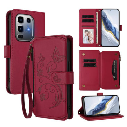 Wine red butterfly-flower leather zipper wallet phone case with card slots and detachable wrist strap