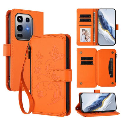 Orange butterfly-flower leather zipper wallet phone case with card slots and detachable wrist strap