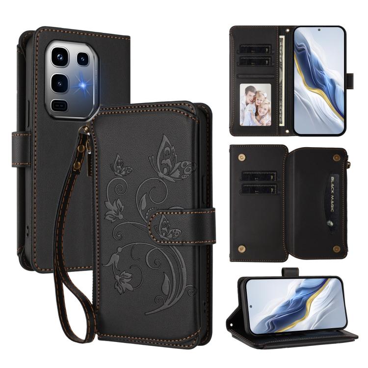Black leather phone wallet case with butterfly-flower embossing, card slots and wrist strap