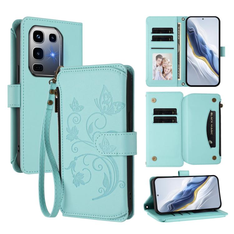 Mint green leather phone wallet case with butterfly-flower embossing, card slots, wrist strap