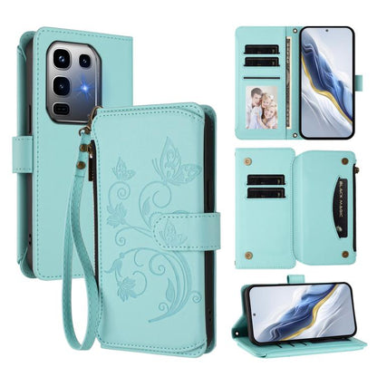 Mint green leather phone wallet case with butterfly-flower embossing, card slots, wrist strap