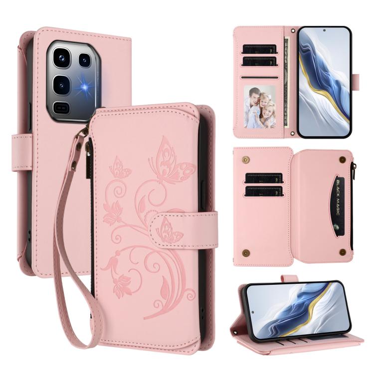 Pink leather phone wallet case with butterfly-flower embossing, card slots and zipper pocket