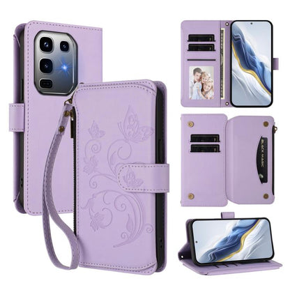 Light purple leather phone wallet case with butterfly-flower embossing, card slots and wrist strap