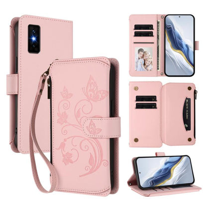 Pink multi-card wallet phone case with embossed butterfly-flower and card slots, wrist strap