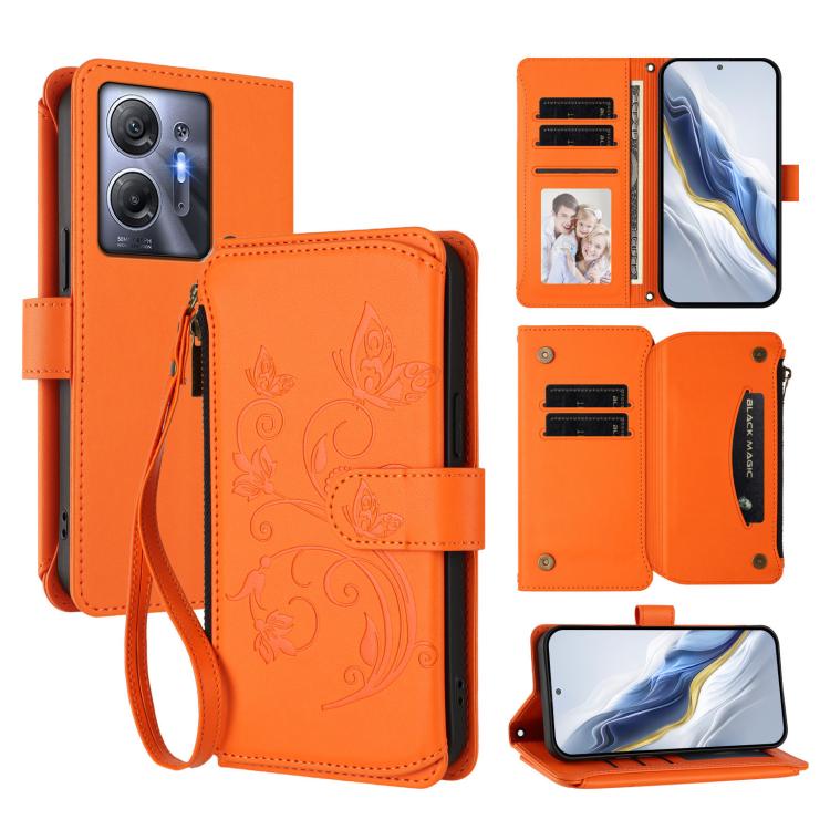 Orange leather folio wallet phone case with zipper, card slots, wrist strap, floral emboss.
