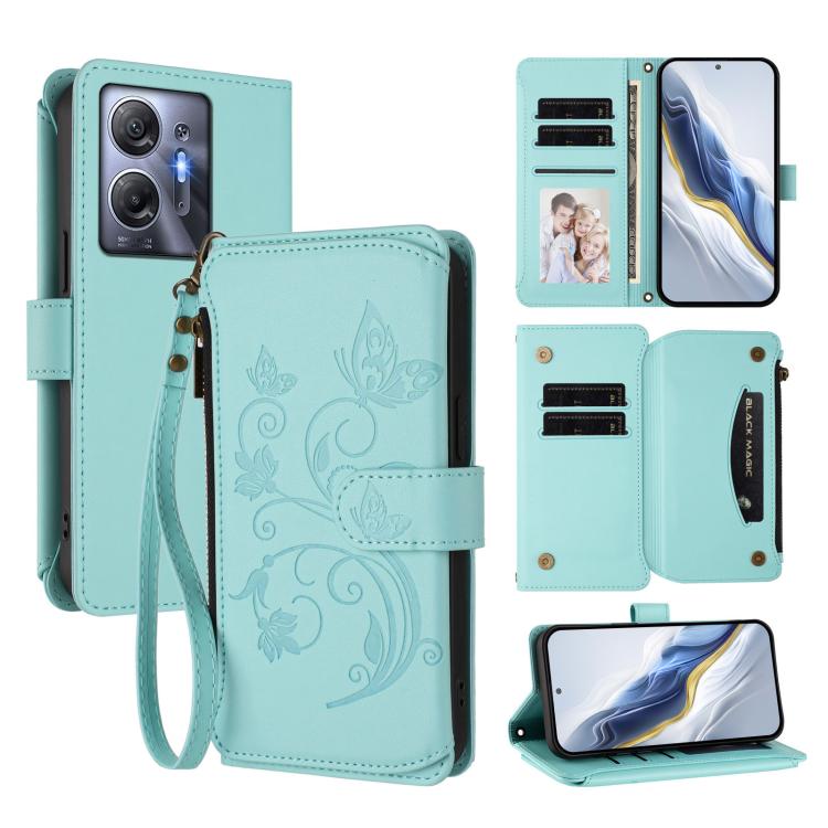 Mint green leather folio wallet phone case with zipper, card slots, wrist strap, floral emboss.