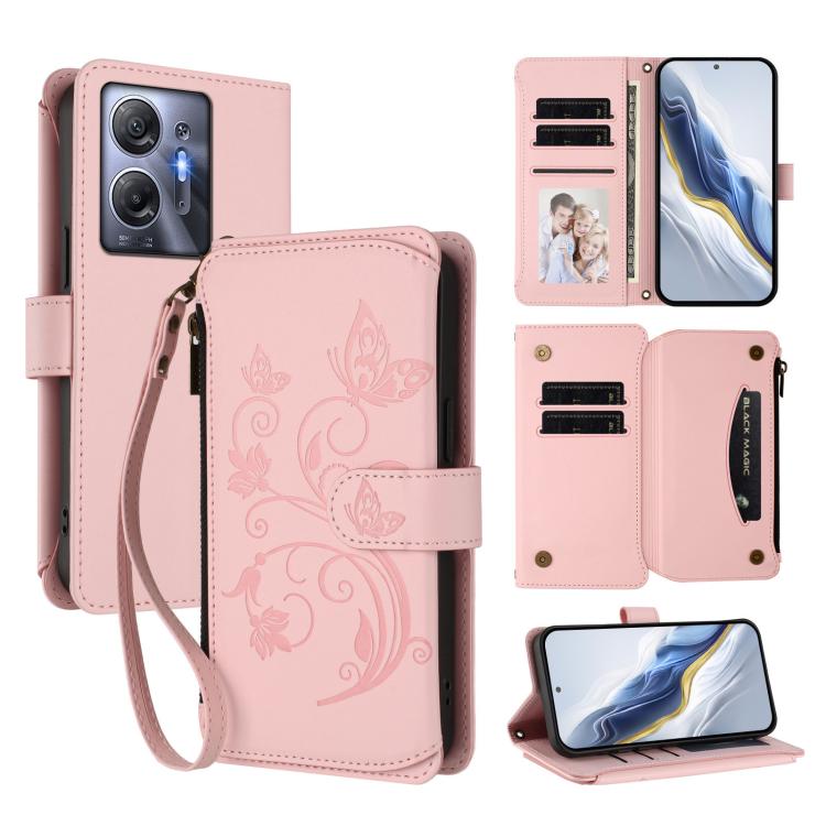 Pink leather folio wallet phone case with zipper, card slots, wrist strap, floral embossed design.