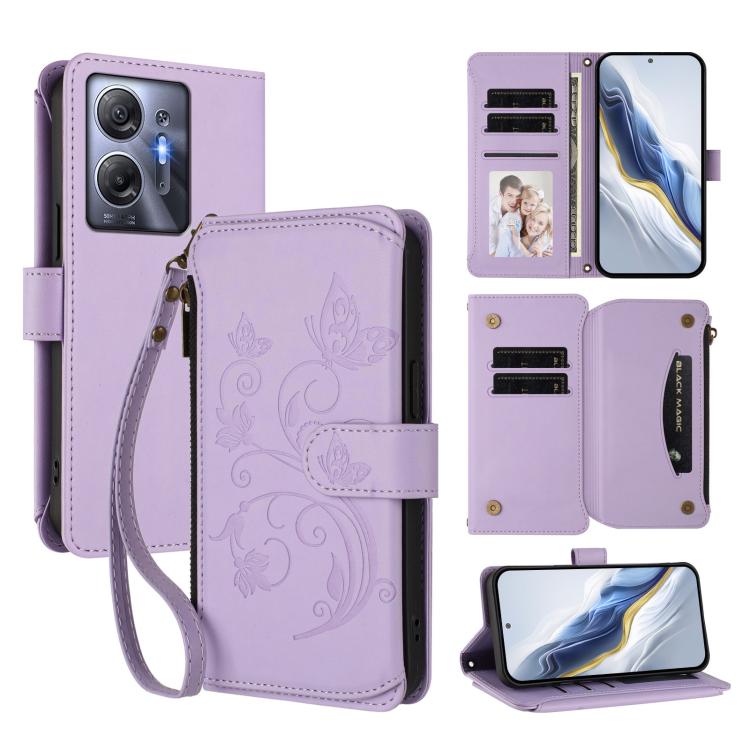 Light purple leather folio wallet phone case with zipper, card slots, wrist strap, floral emboss.