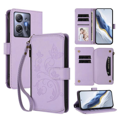 Light purple leather folio wallet phone case with zipper, card slots, wrist strap, floral emboss.