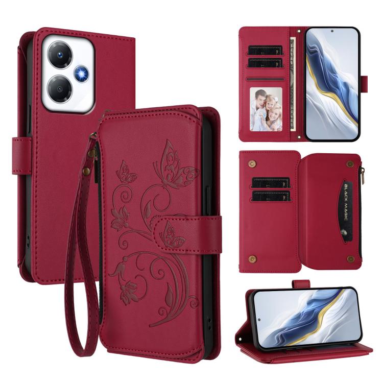 Wine red leather folio wallet phone case with zipper, card slots, wrist strap, floral emboss.