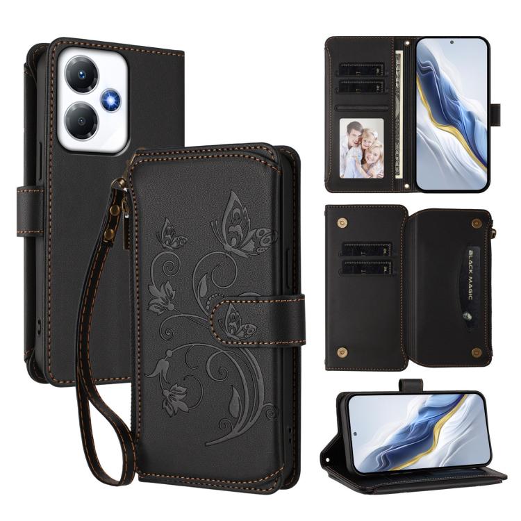 Black multi-card zipper wallet phone case with floral embossed design and wrist strap