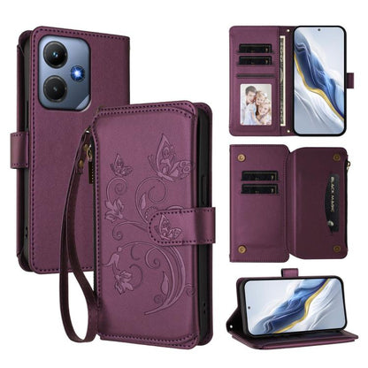Dark purple leather phone wallet case with embossed butterfly flowers, zipper and card slots