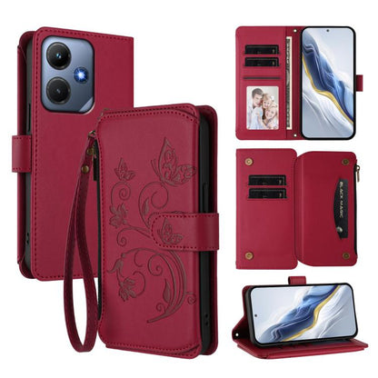 Wine red leather phone wallet case with embossed butterfly flowers, zipper and card slots