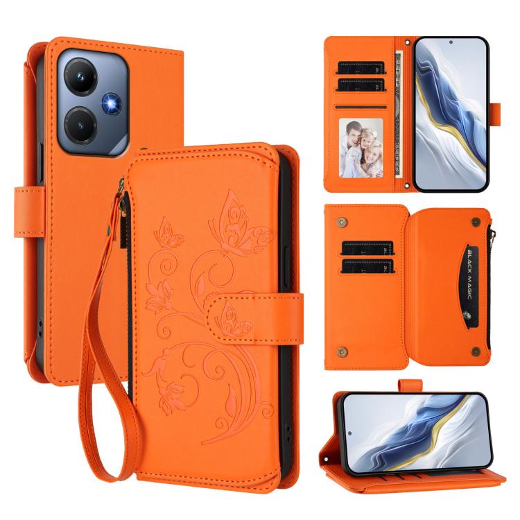 Orange floral embossed multi-card zipper wallet phone case with wrist strap and folio cover