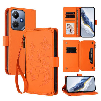 Orange floral embossed multi-card zipper wallet phone case with wrist strap and folio cover