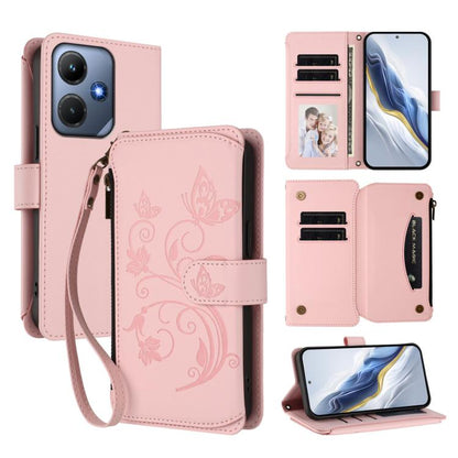 Pink floral embossed multi-card zipper wallet phone case with wrist strap and folio cover