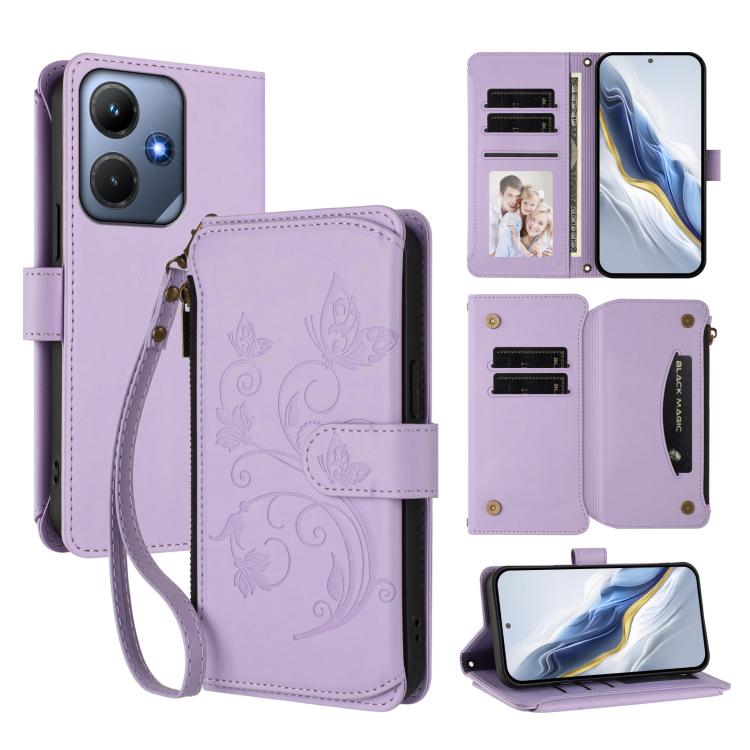 Light purple floral embossed multi-card zipper wallet phone case with wrist strap and folio cover