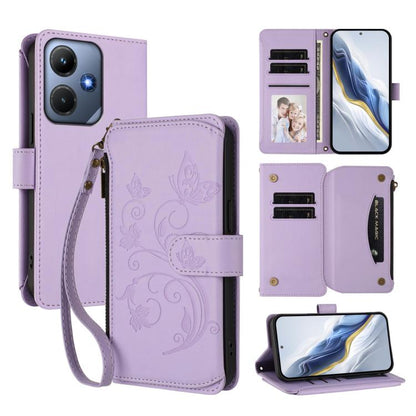 Light purple floral embossed multi-card zipper wallet phone case with wrist strap and folio cover