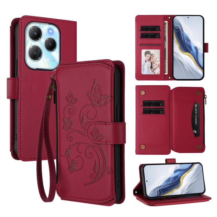 Wine red zipper wallet phone case with floral embossing, card slots, and wrist strap