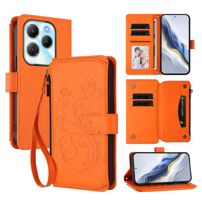 Orange folio zipper wallet phone case with floral embossing, card slots, and strap