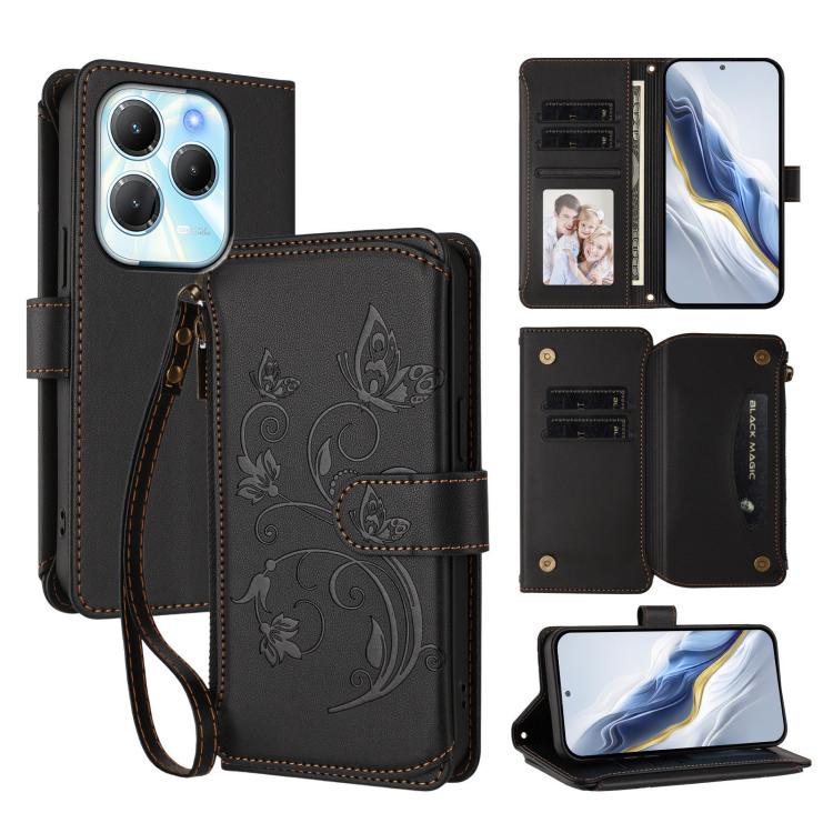 Black leather phone wallet case with floral embossing, card slots, and wrist strap