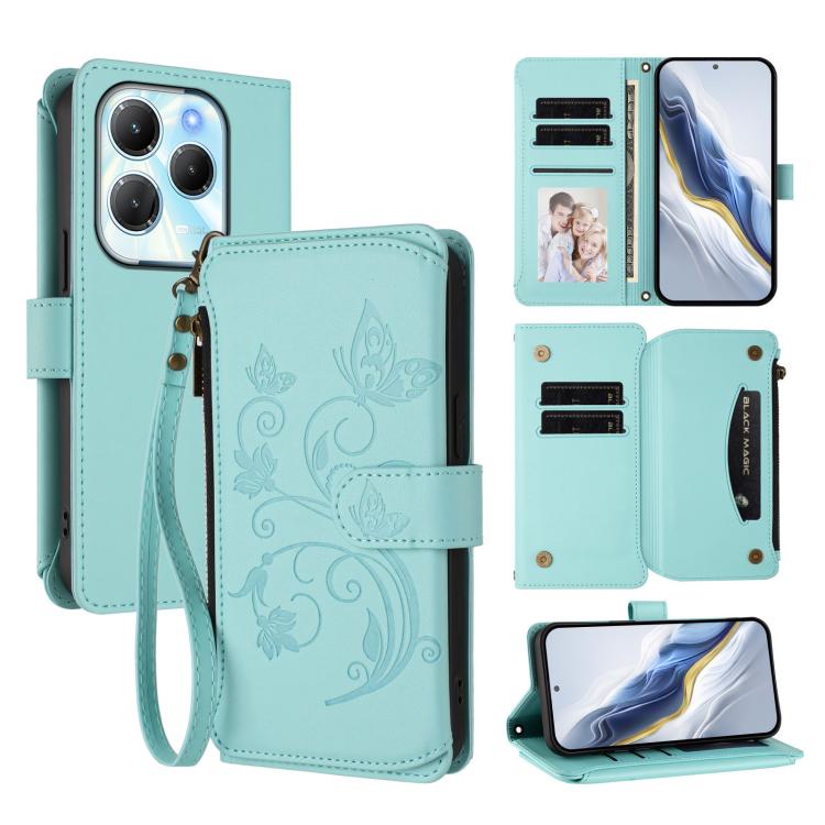 Teal leather phone wallet case with floral embossing, card slots, and wrist strap
