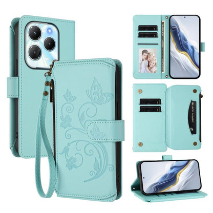 Teal leather phone wallet case with floral embossing, card slots, and wrist strap