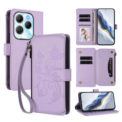 Light purple leather phone wallet case with floral embossing, card slots, and wrist strap