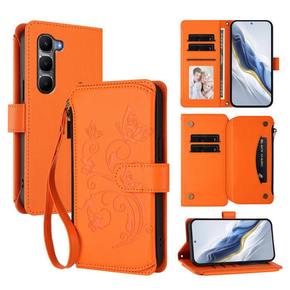 Orange leather phone wallet case with floral embossing, card slots, magnetic closure
