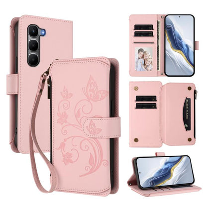 Pink leather phone wallet case with floral embossing, card slots, wrist strap