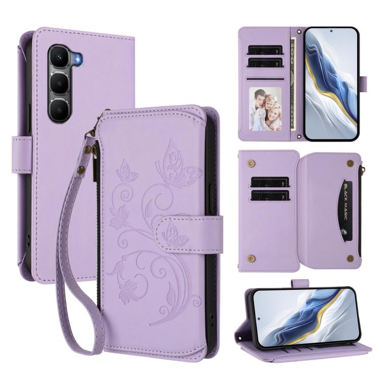 Light purple leather phone wallet case with floral embossing, card slots, wrist strap