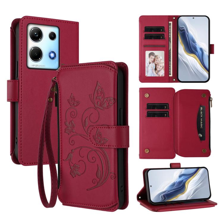 Multi-card zipper wallet phone case, red, embossed floral pattern, wrist strap