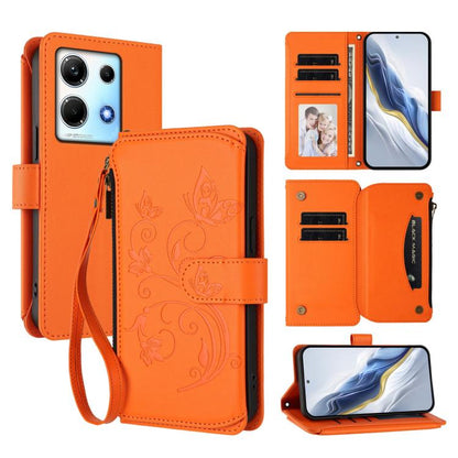 Multi-card zipper wallet phone case, orange, embossed floral pattern, wrist strap
