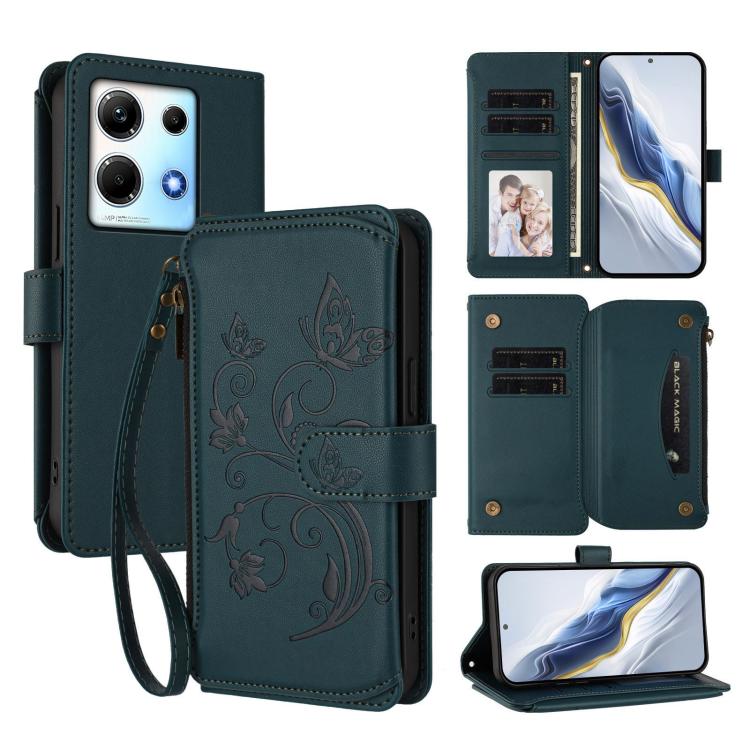 Multi-card zipper wallet phone case, dark green, embossed floral pattern, wrist strap
