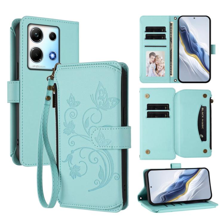 Multi-card zipper wallet phone case, mint green, embossed floral pattern, flip cover with card slots