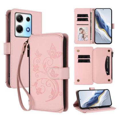 Pink floral zipper wallet phone case with wrist strap and card slots, folio cover